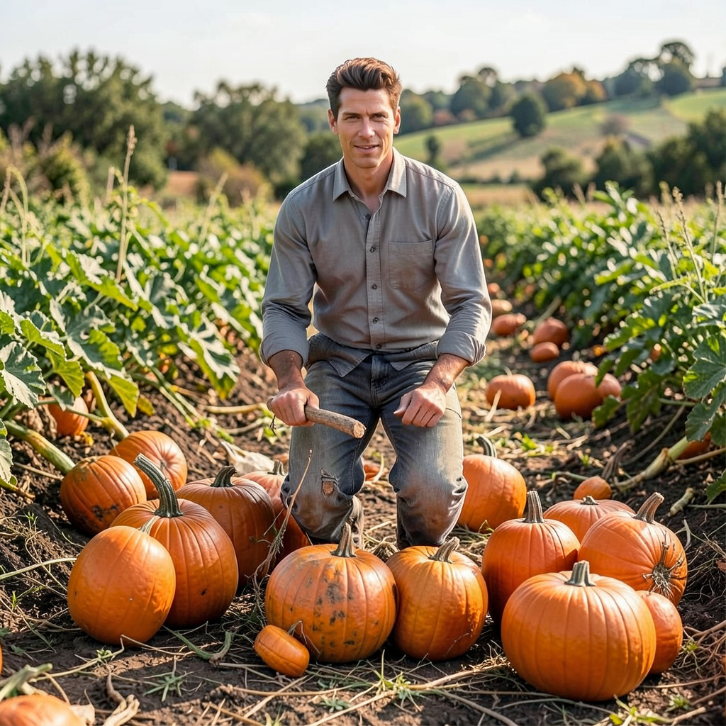 Farmer Holding Pumpkin in the Farm with Pumpkins on the Floor Photo Style