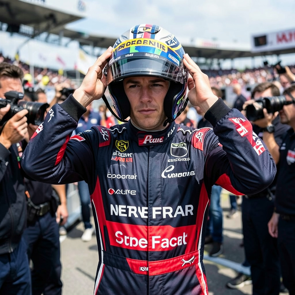 Formula One Driver After a Race, Taking off His Helmet and Being Photographed by Paparazzi Photo Style