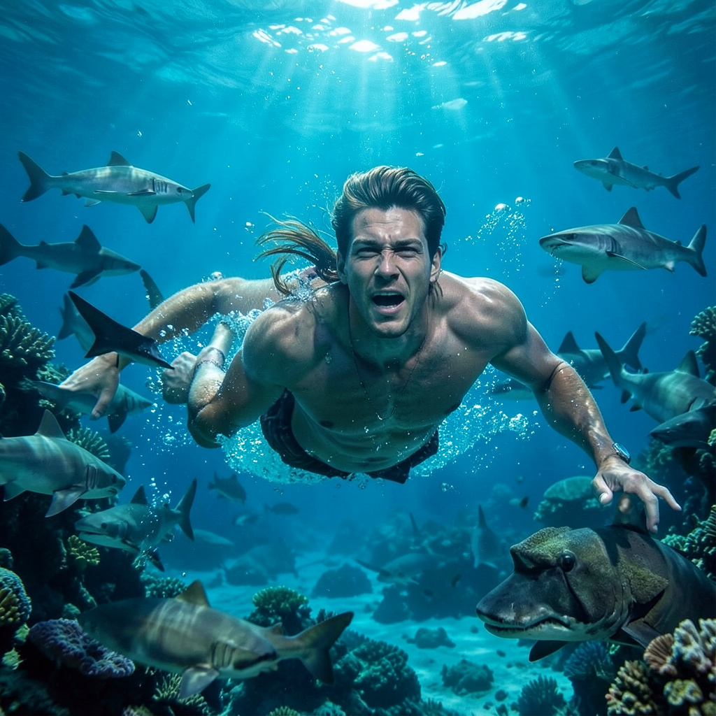 Girl Swimming Among Sharks Photo Style