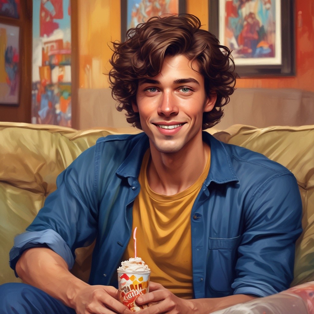 Sloppy Man Eating Candy Bar on Couch Photo Style