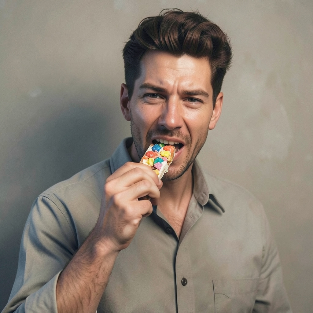 Sloppy Man Eating Candy Bar Photo Style