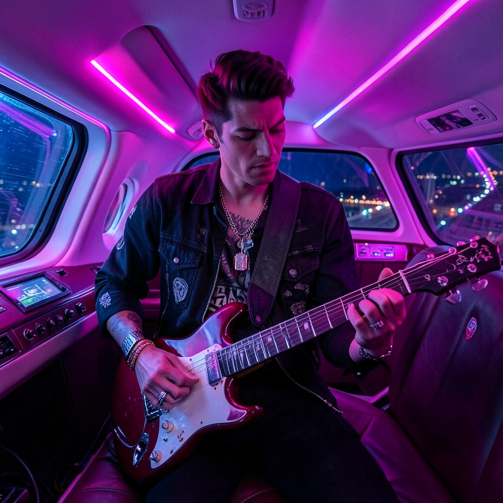 Visual Kei guitarist in neon private jet inside Photo Style