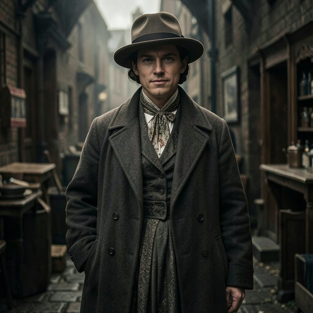 Woman in a 1920s Dress, Long Overcoat, Vintage Hat, Realistic Cinematic Peaky Blinders Aesthetic Photo Style