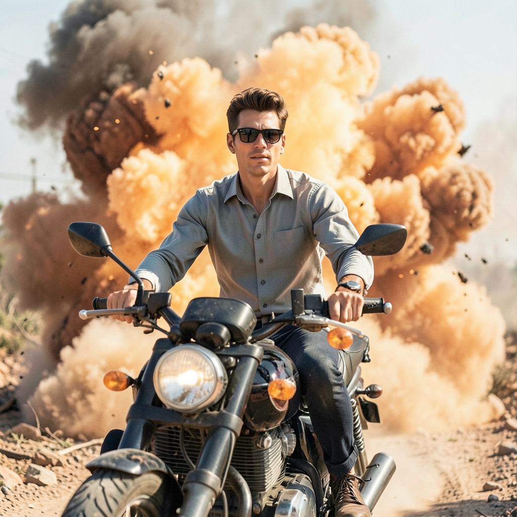 A Man Wearing a Pair of Sunglasses and Riding a Motorcycle Behind a Cloud of Explosion Photo Style