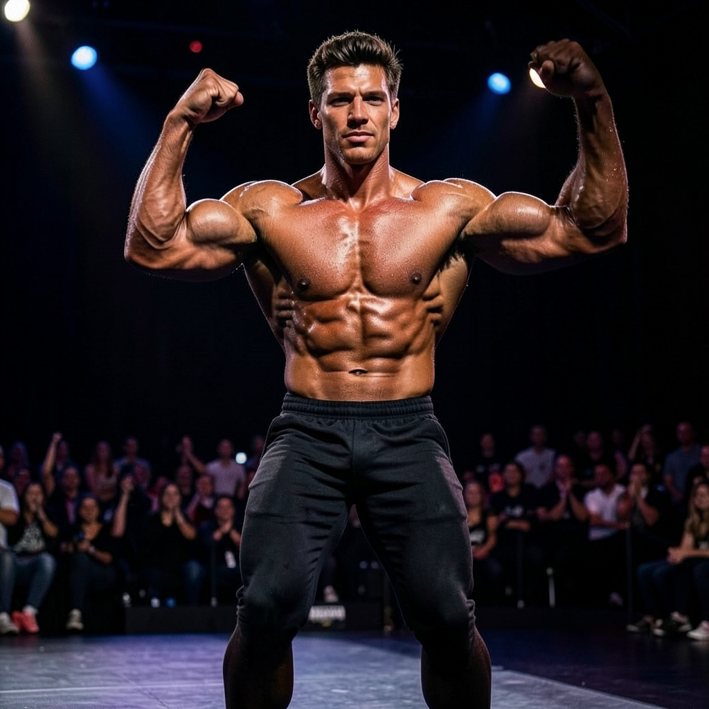 Bodybuilder Posing on Stage. Ultra Dark Tan. Photo Style