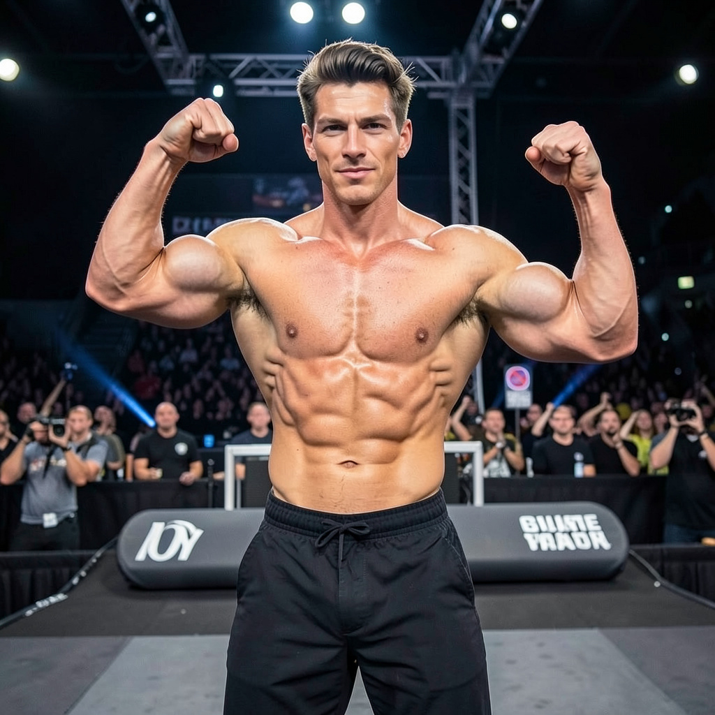 Bodybuilder Tanned on Competition Stage Posing Photo Style