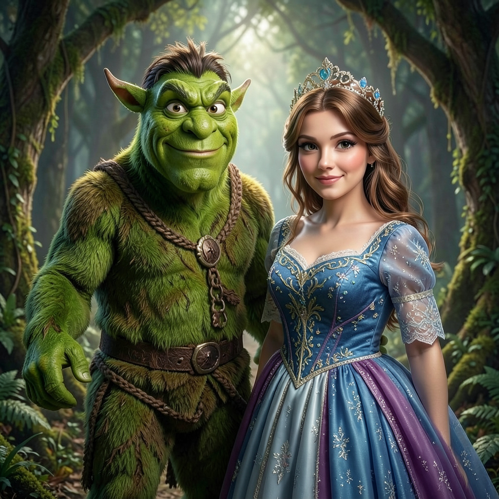 Can you make this photo of the man as a Shrek-like character and the woman a princess? Photo Style