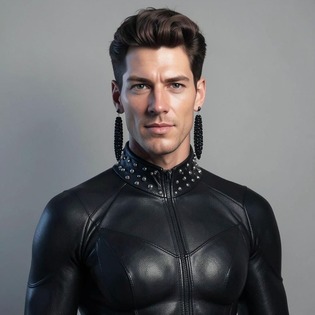Catwoman PVC Catsuit, Long Black Earrings, Studded Collar Photo Style