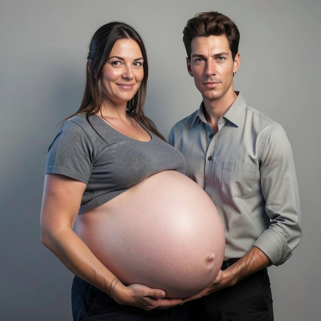 Extremely Pregnant Woman, Her Belly Is Very Big and Stretched As Big As Possible Photo Style