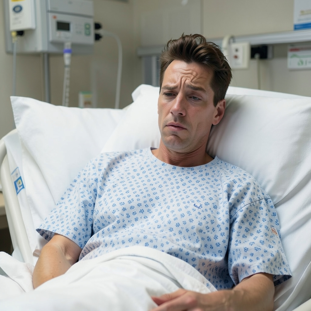 Glen Powell as a Patient in Hospital Bed, Patient Gown, Tired Expression, Hospital Room Background Photo Style
