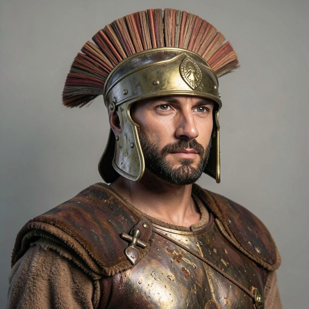 Man Wearing Roman Centurion Helmet Photo Style