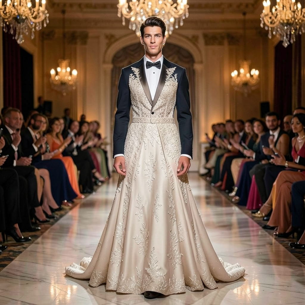 Mother of the Bride in Full Standing Gala Dress in a Ballroom Model Catwalk Photo Style