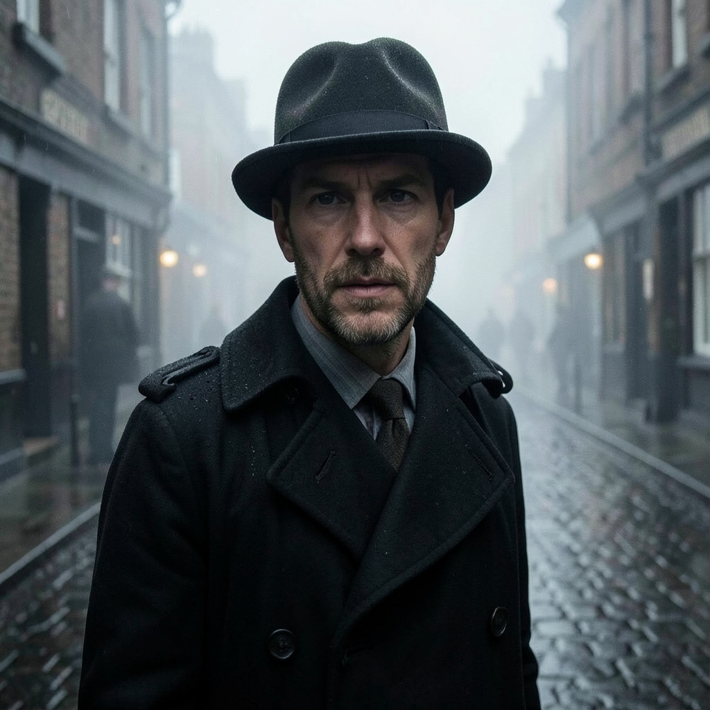 Peaky Blinders in Foggy Street, Wearing Dark Trench Coat and Cheese-cutter Hat. Photo Style