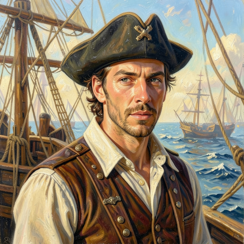 Pirate Theme. Painting with Light Oil Paints. Depiction of a Man from the Waist Up. Photo Style