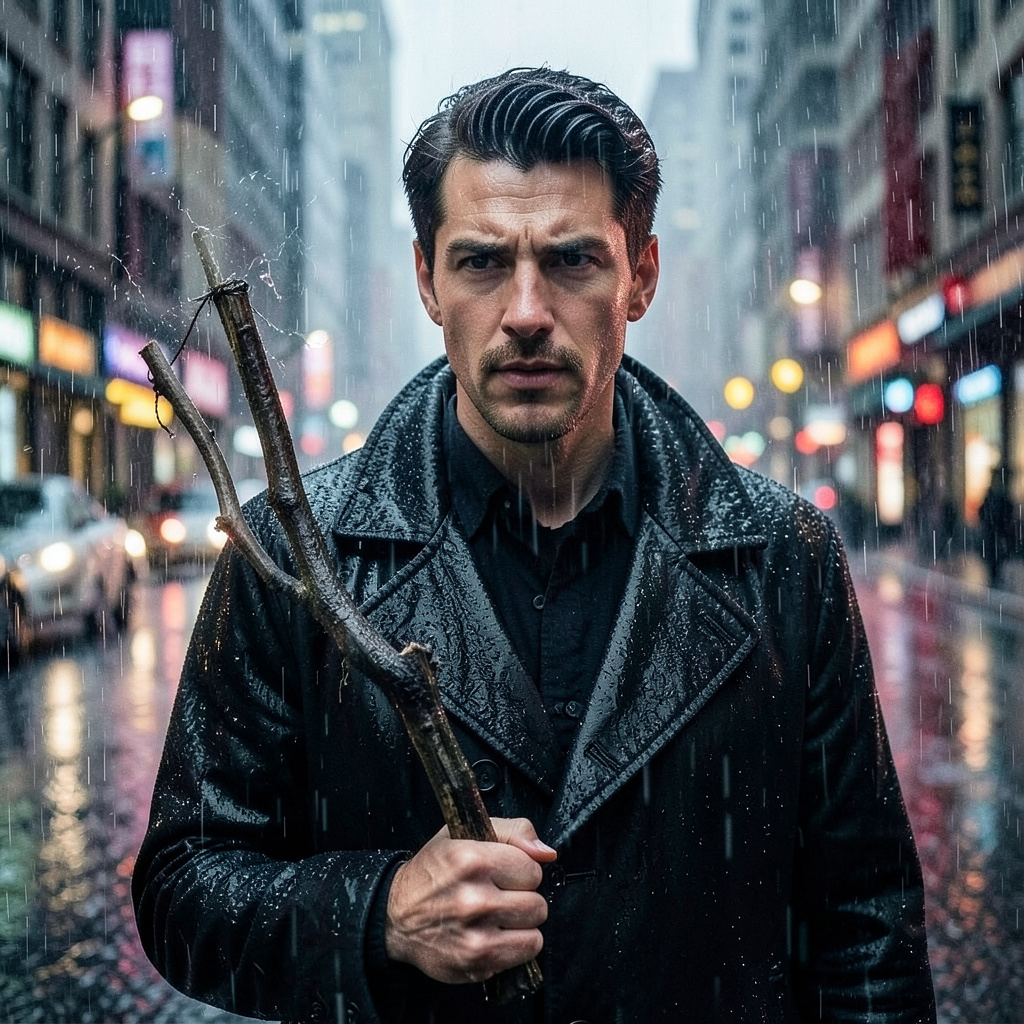 A Man in a Raincoat Holding a Hobo Stick in a Rainy City Photo Style