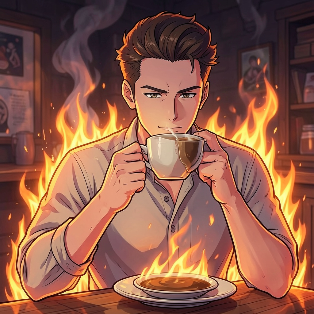 Anime But the Person Is on Fire and Drinking Coffee Photo Style