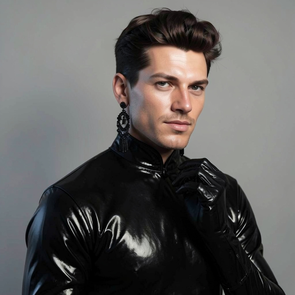 Black PVC Cheongsam, Long Black PVC Gloves, Long Black Earrings Photo Style