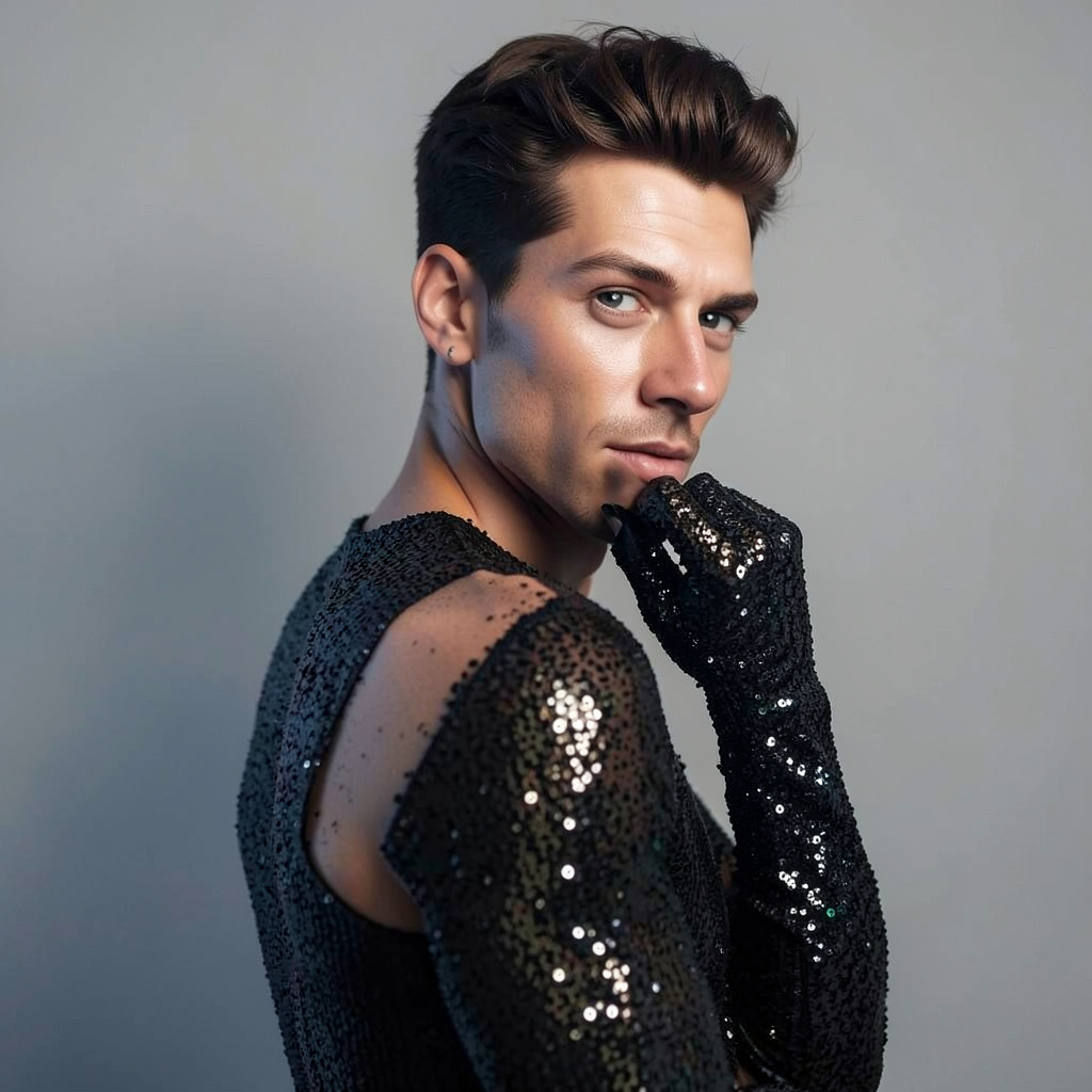 Black Sequin Bodysuit and Sequin Gloves, Looking Over Shoulder, Hand to Chin Photo Style