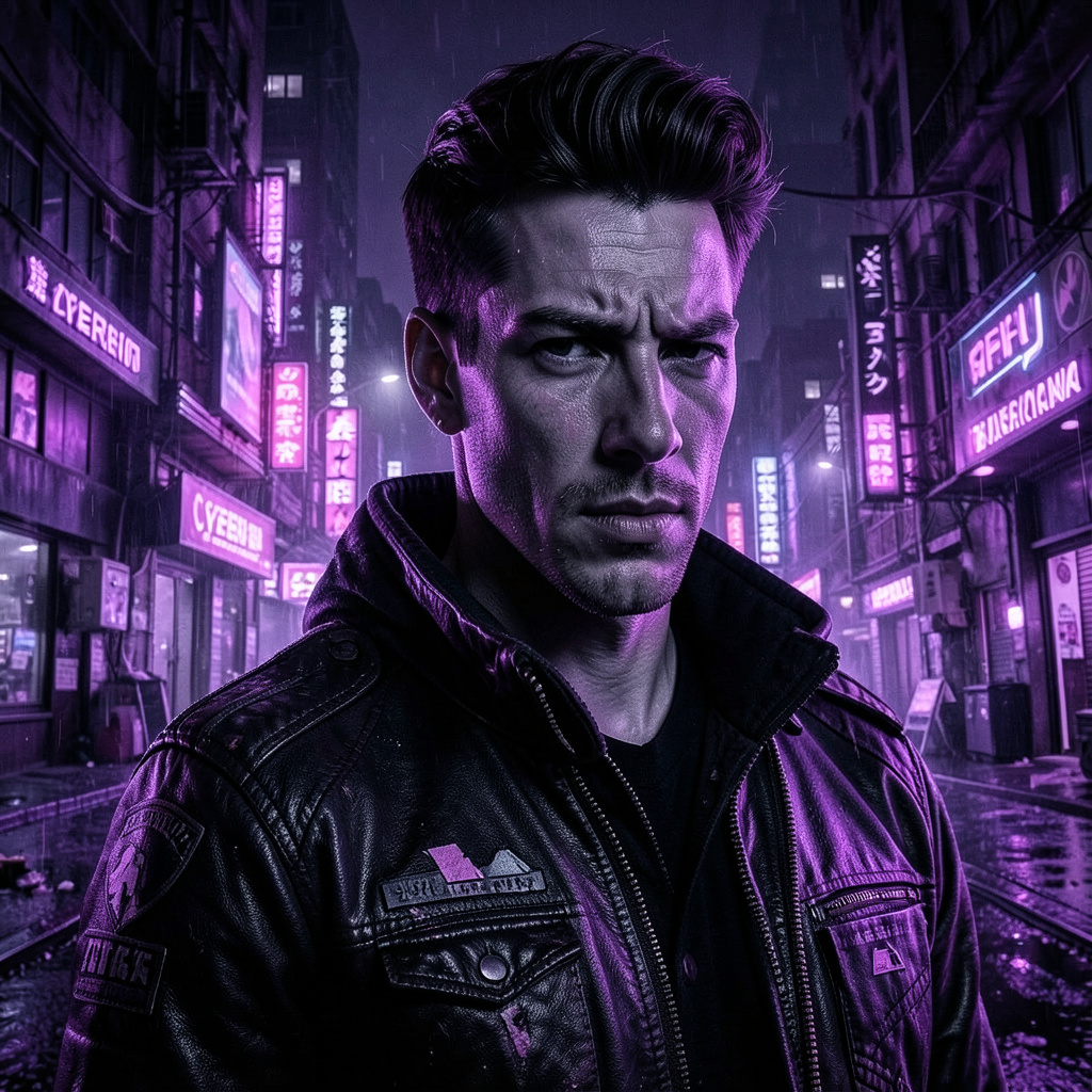 Computer Game Cyberpunk in Black and Lilac Photo Style