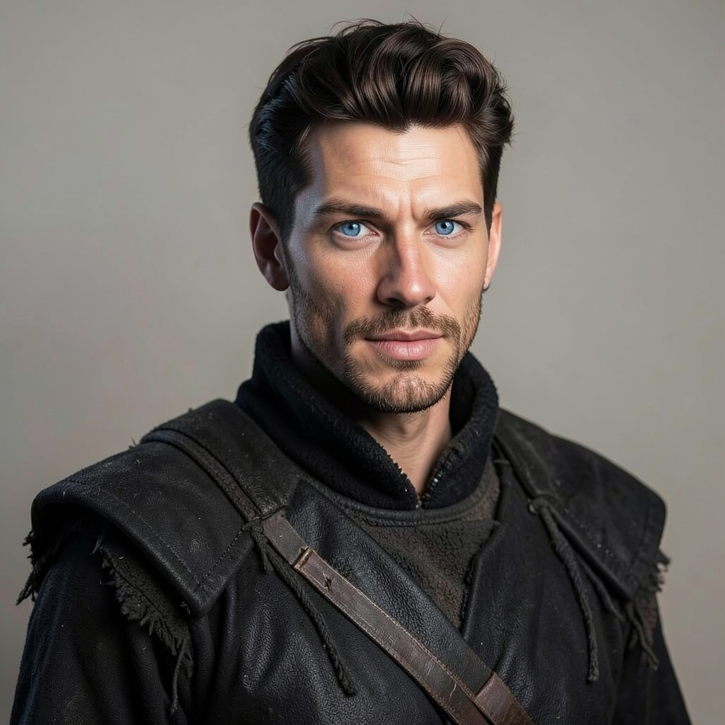 Fremen from Dune with clear fully blue eyes and black desert suits Photo Style