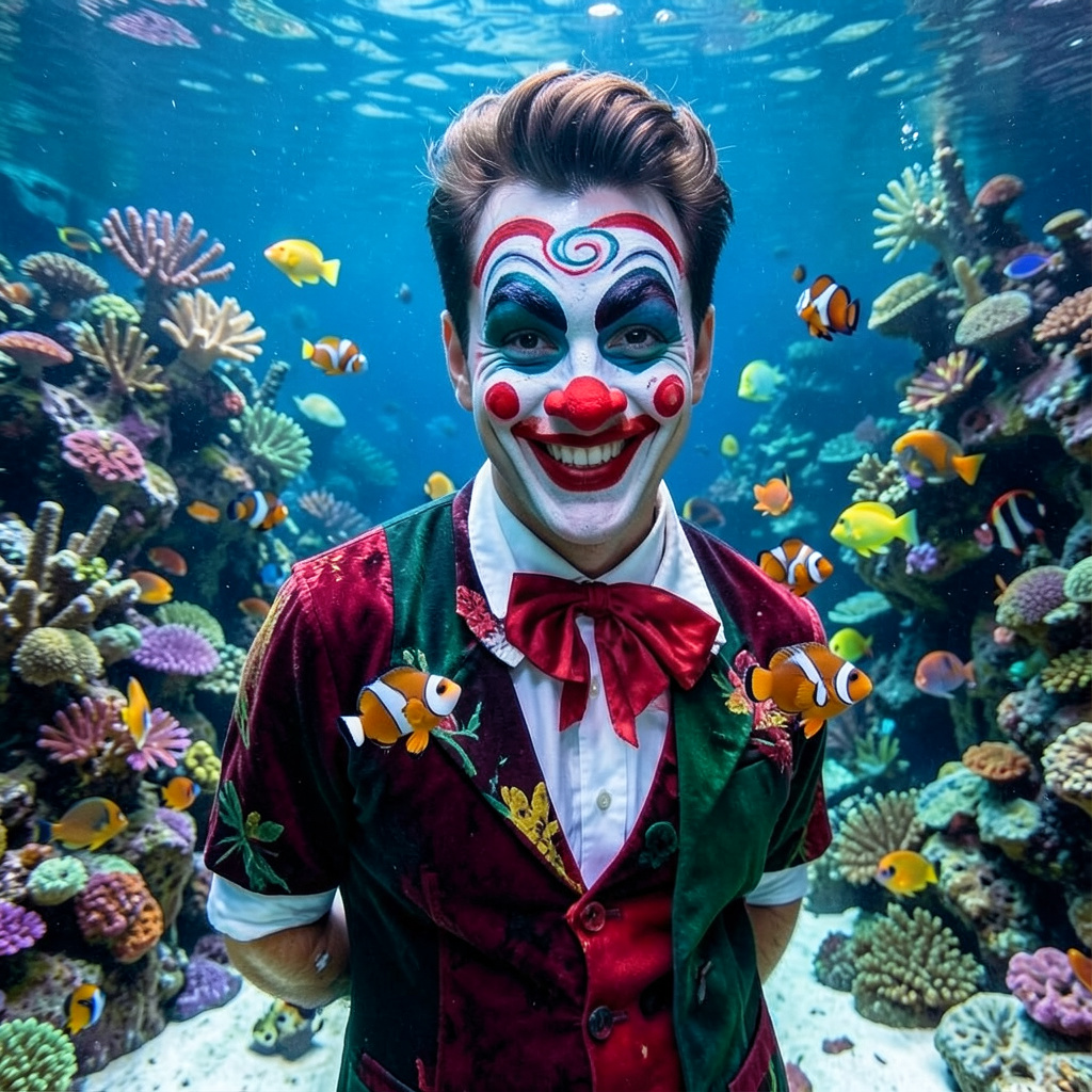 In an Aquarium with Clownfish, Dressed as a Clown Photo Style