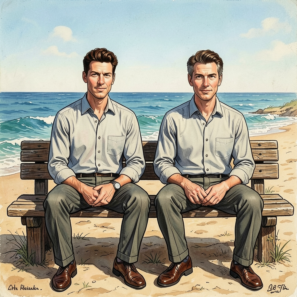 Norman Rockwell – All Four Same Position Sitting on Bench with Beach Scene Behind Photo Style
