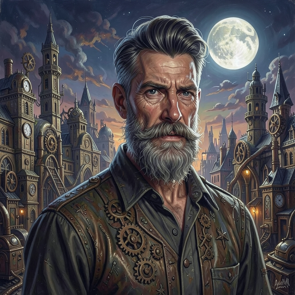 Old Man with No Beard Painting a Steampunk Cityscape with the Moon in the Sky Photo Style