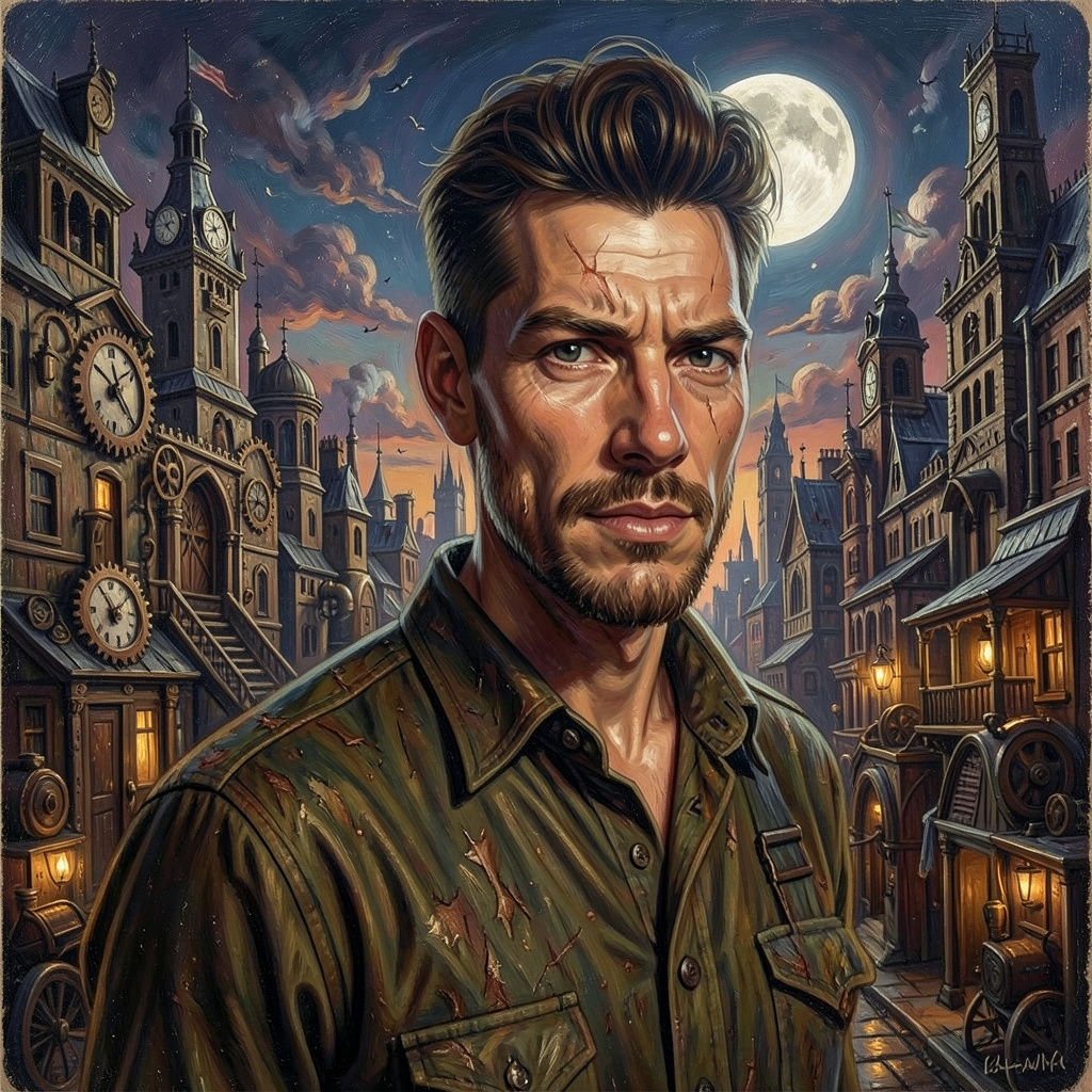 Oldman Painting a Steampunk Cityscape with the Moon in the Sky Photo Style