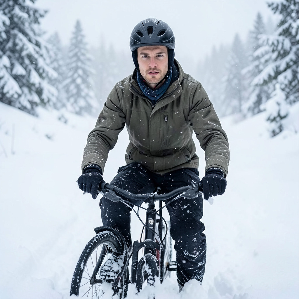 Person on a Push Bike in Thick Deep Snow Wearing Snow Gear Photo Style