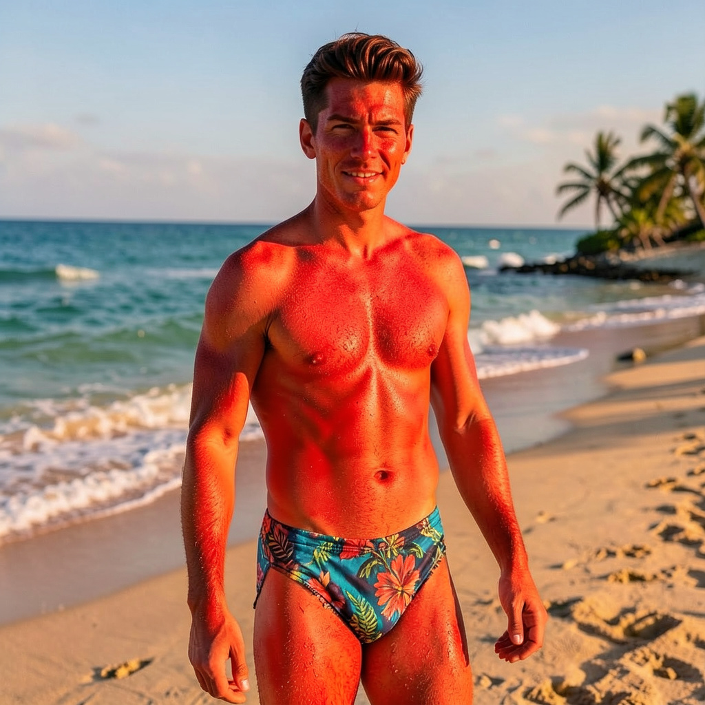 Red Sunburned in Bathing Costume on the Beach Photo Style