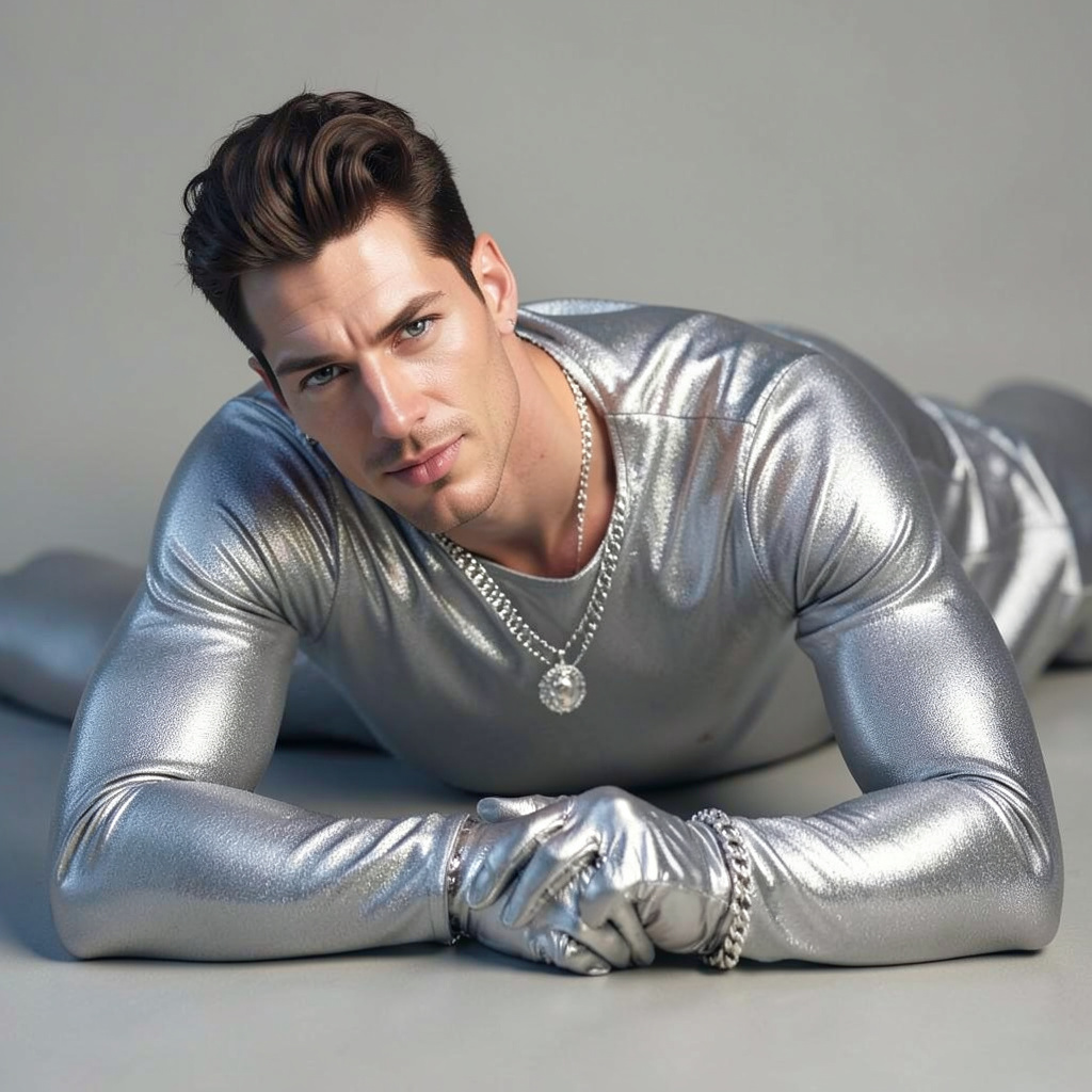 Silver Lame Catsuit and Gloves, Silver Jewellery, Lying Down Looking at Camera Photo Style