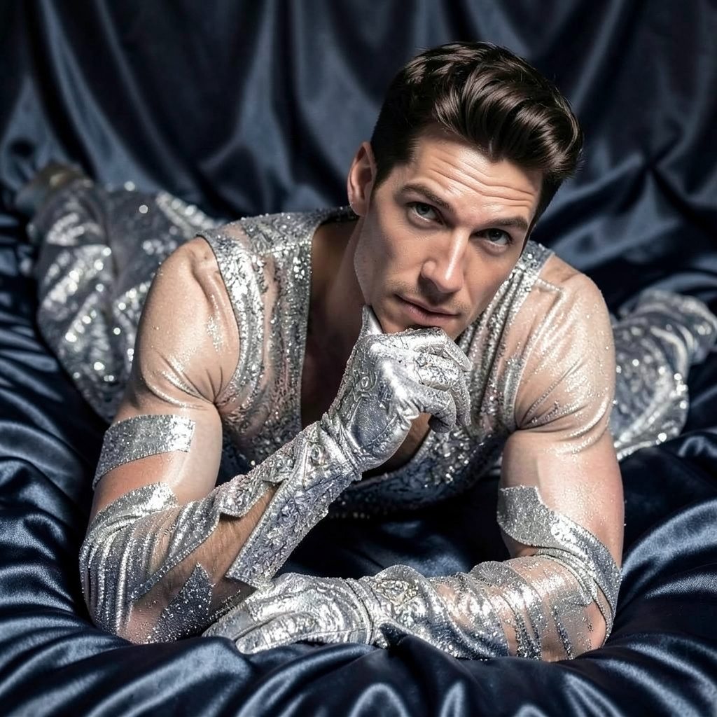 Silver Lame Dress and Gloves, Lying on Satin Bed with Hand on Chin Photo Style