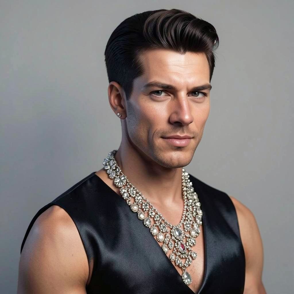 Slick Back Hairstyle, Satin Dress, Elaborate Jewellery Photo Style
