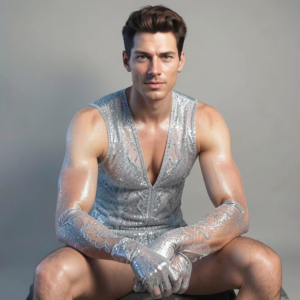 Sparkling Silver Lace Catsuit and Gloves, Open Neck, Sitting Looking at Camera Photo Style