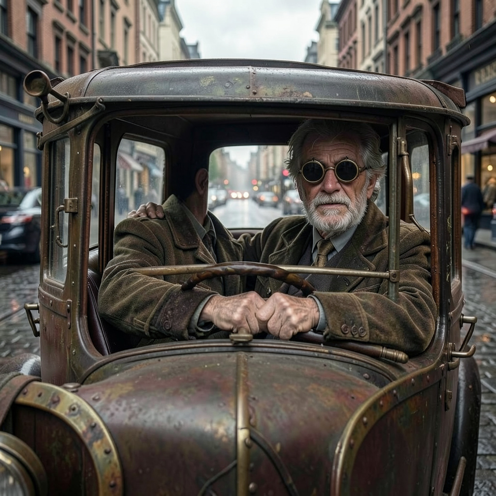 Steampunk Car with an Old Man Driving with Goggles in City Photo Style