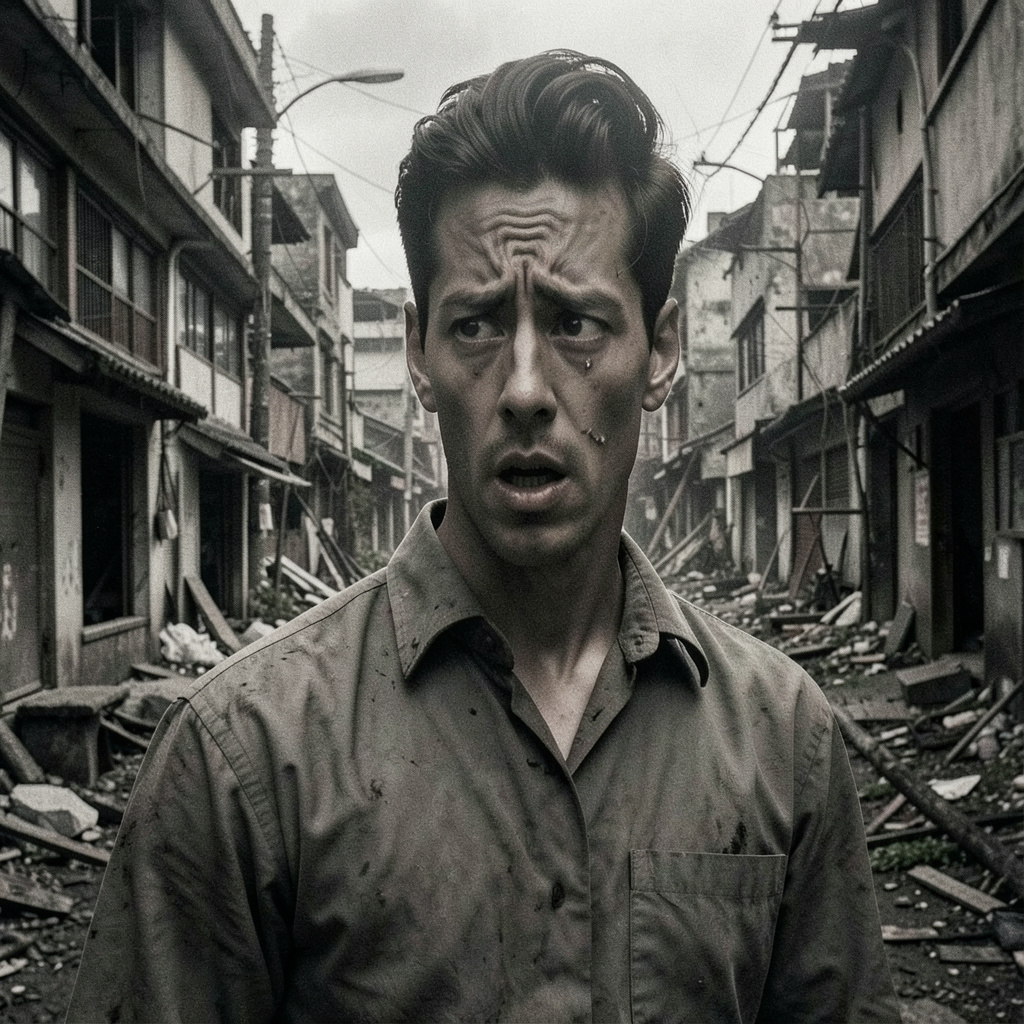 Abandoned City in 1958 Japan: A Scared Face Photo Style
