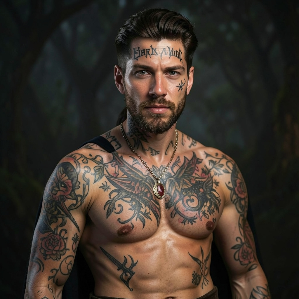 An Elven Warlock Covered in Tattoos with a Bare Chest Photo Style
