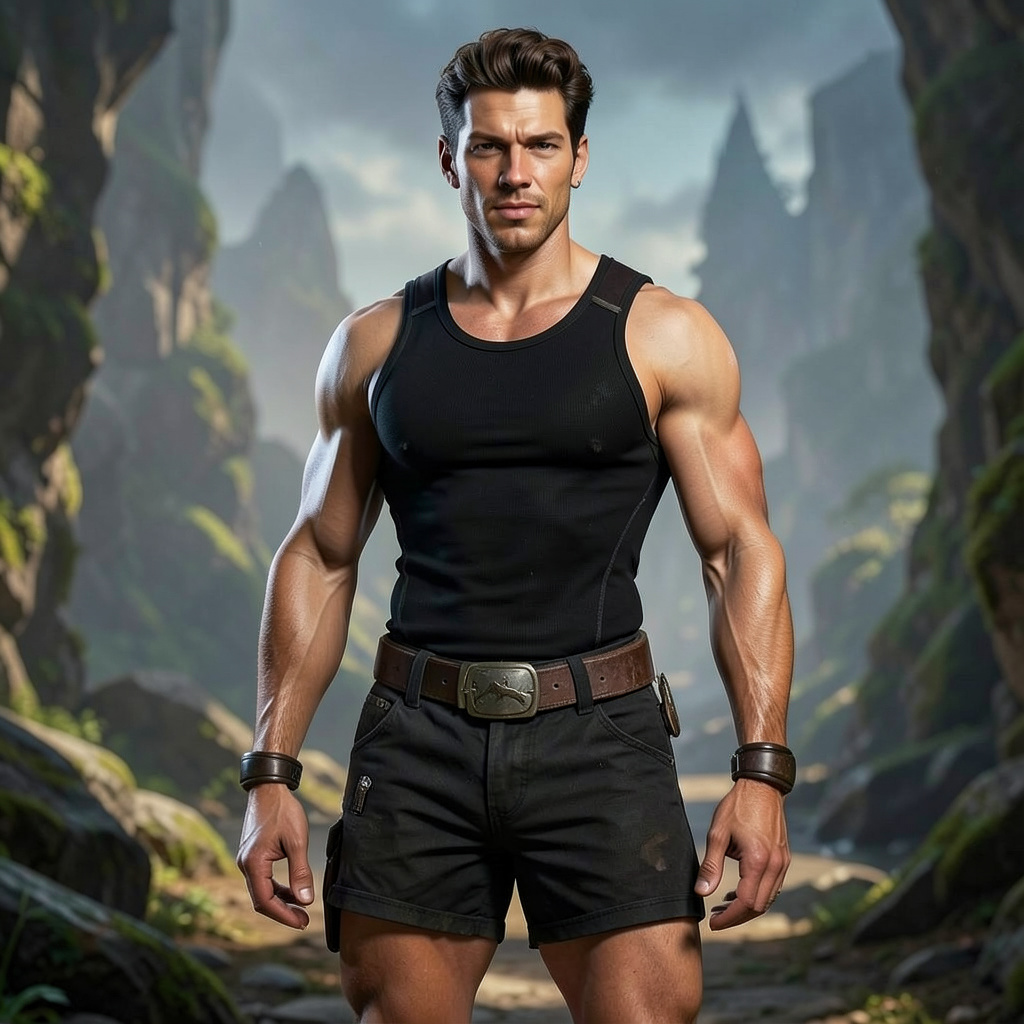As Lara Croft with Short Shorts, Half Black Tank Top Photo Style