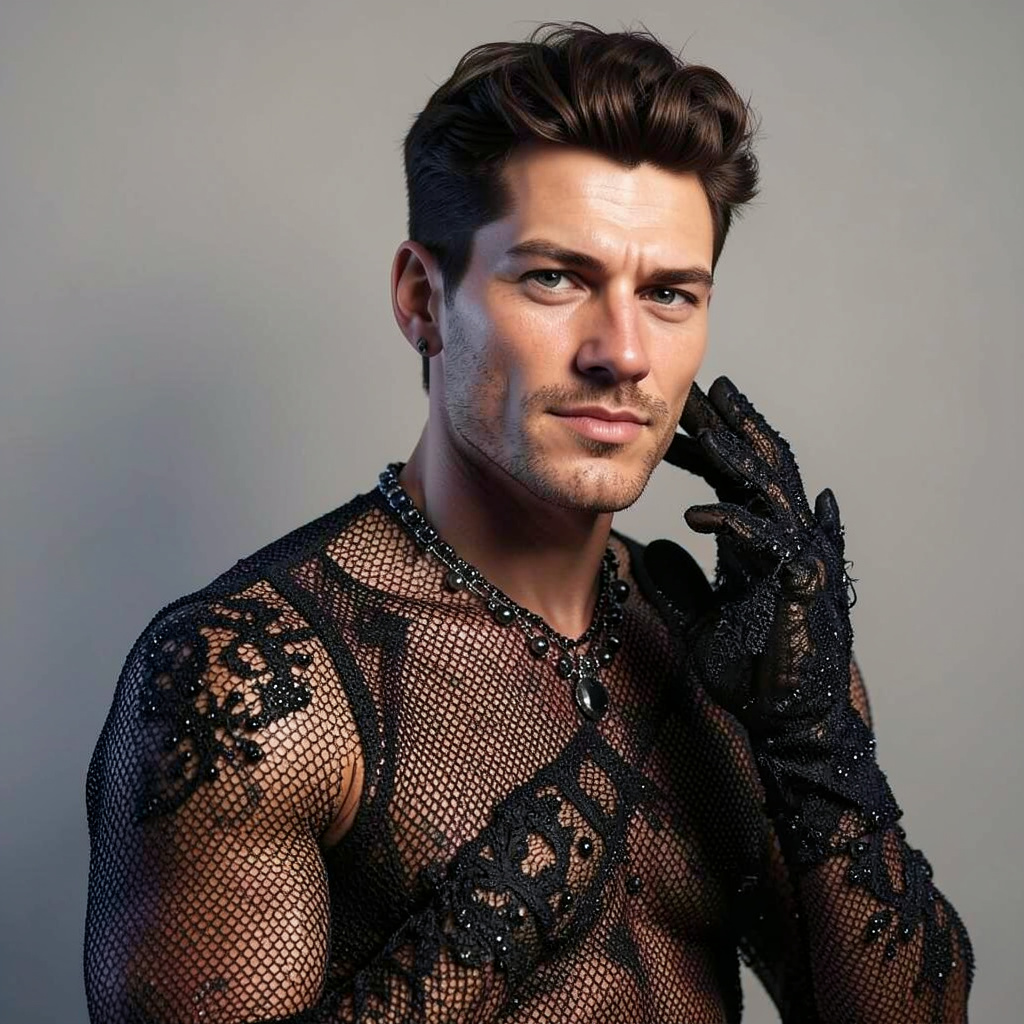 Beaded Fishnet Catsuit, Lace Shoulder Length Gloves, Black Beaded Jewellery Photo Style