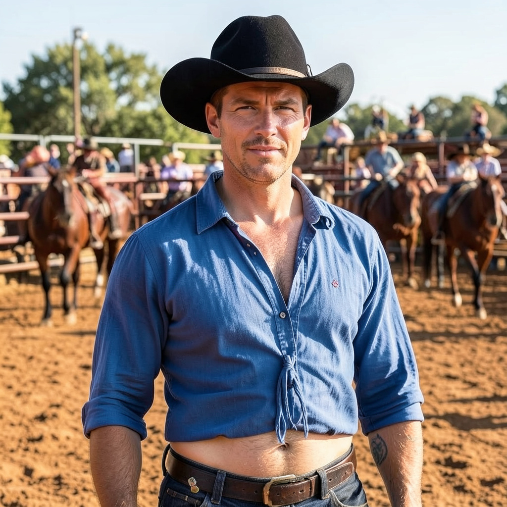 Black Cowboy Hat, Blue Half Blouse Showing Belly Button, at a Rodeo Outside Photo Style