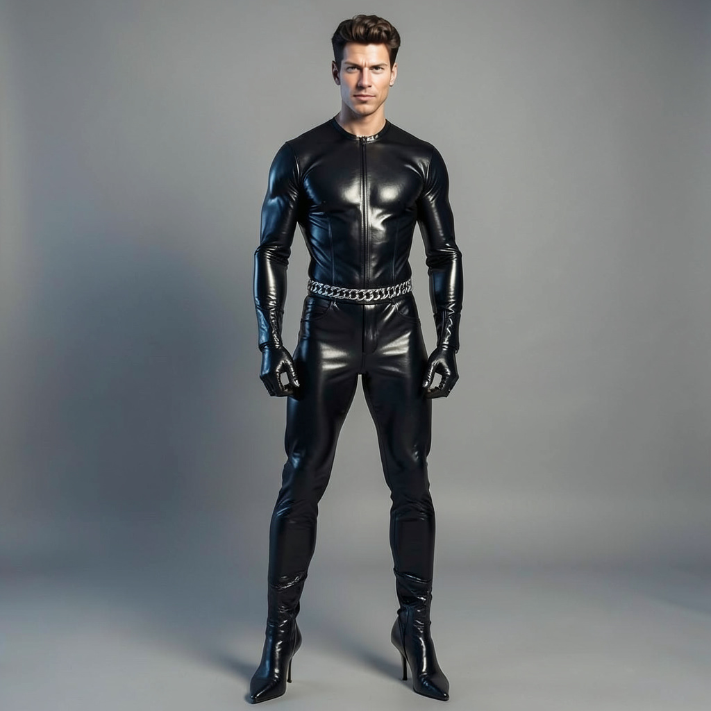 Full Cover Black PVC Catsuit and Gloves, Chain Belt, Stilettos Photo Style