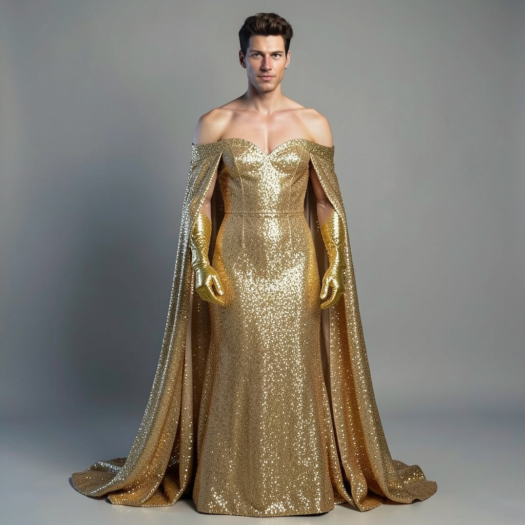 Gold Lame Ballgown Off the Shoulder, Gold Lame Gloves, Gold Lame Floor-Length Cape Photo Style