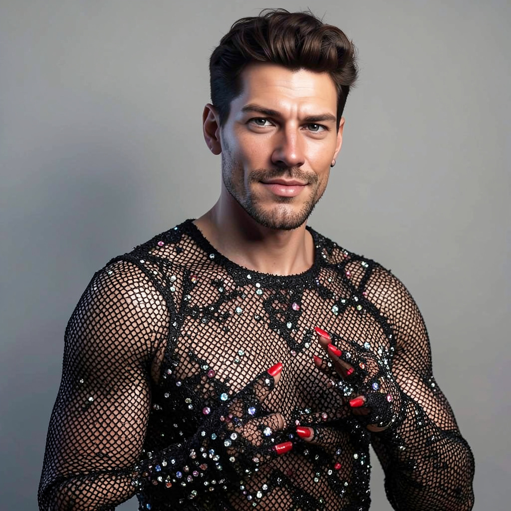 Short Black Fishnet Dress with Diamantés, Long Fishnet Gloves, Red Fingernails Photo Style
