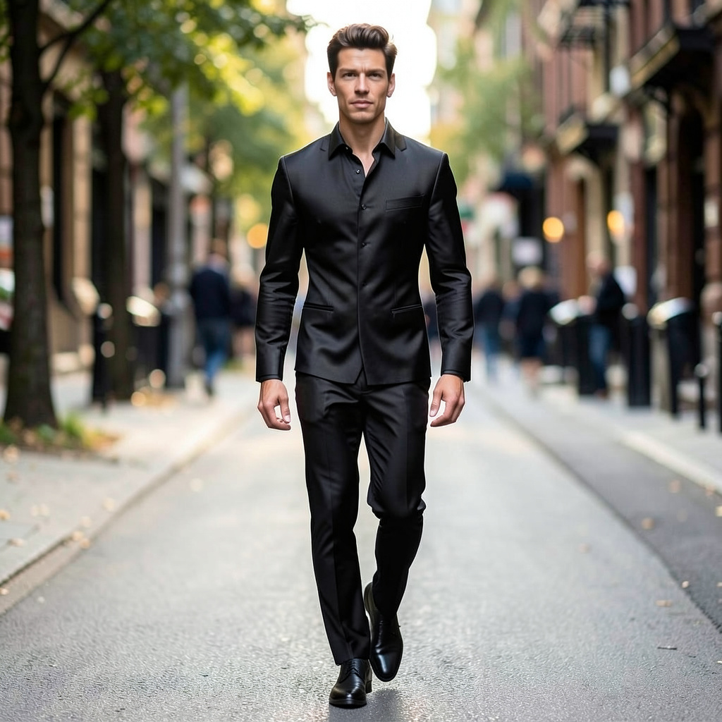 Walking in Full Length Tight Black Satin Dress Photo Style