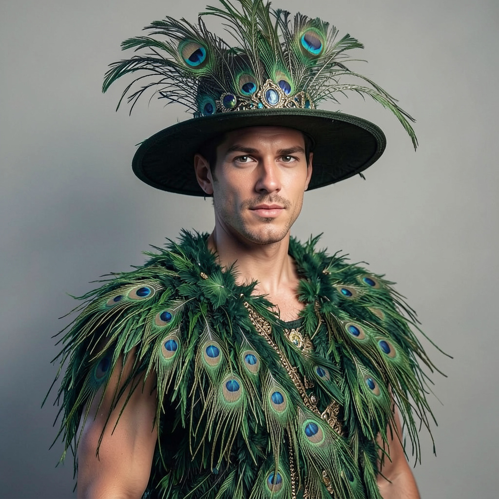 A dress made from peacock feathers, including a hat with a large feather Photo Style