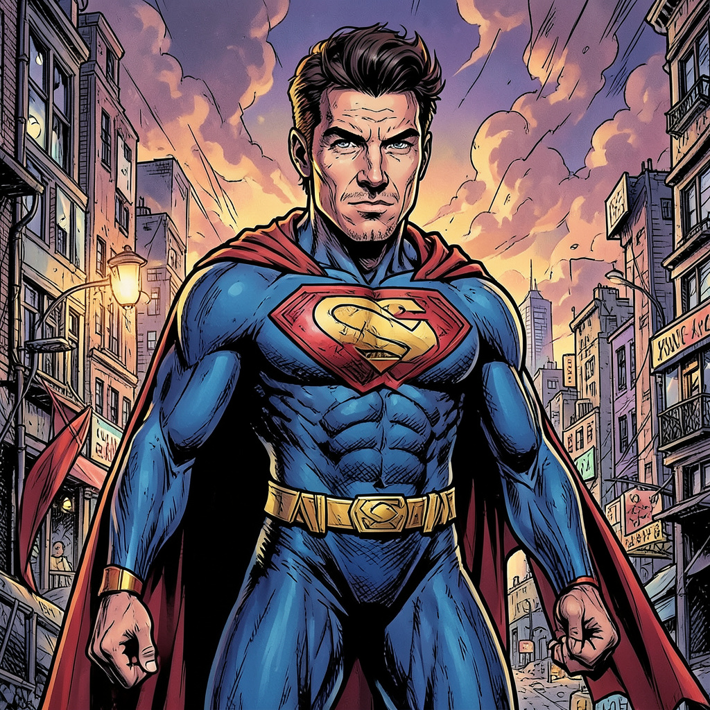 Create a Comic Book Scene Using the Photo Face Superimposed onto a Superhero Body Photo Style