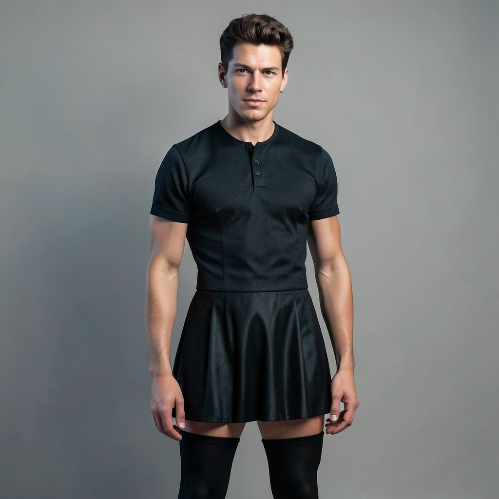 Crossdresser Boy Wears a Very Short Dress and Tights Photo Style