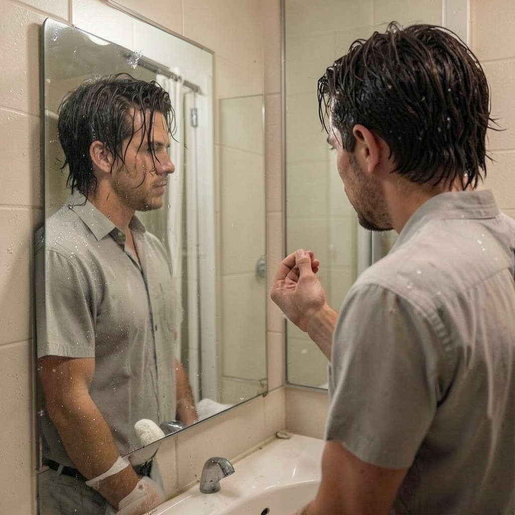 Getting Dressed After the Morning Shower, Looking in the Mirror, Hair Still Wet Photo Style