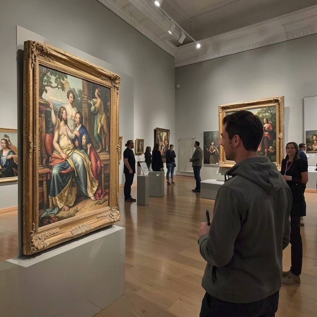 In a Museum Watching an Art Piece of Themselves Photo Style