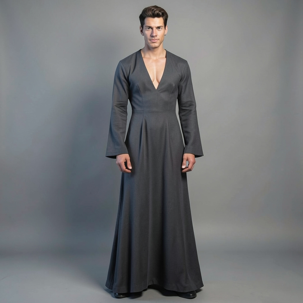 Long Patent Gown, Low Cut Front, Flared at Ankles, Long Flared Sleeves Photo Style